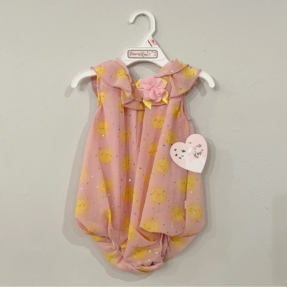 Princess Rose Baby Girl Pink Sun Ruffle Jumpsuit Romper Bodysuit Size 18 months